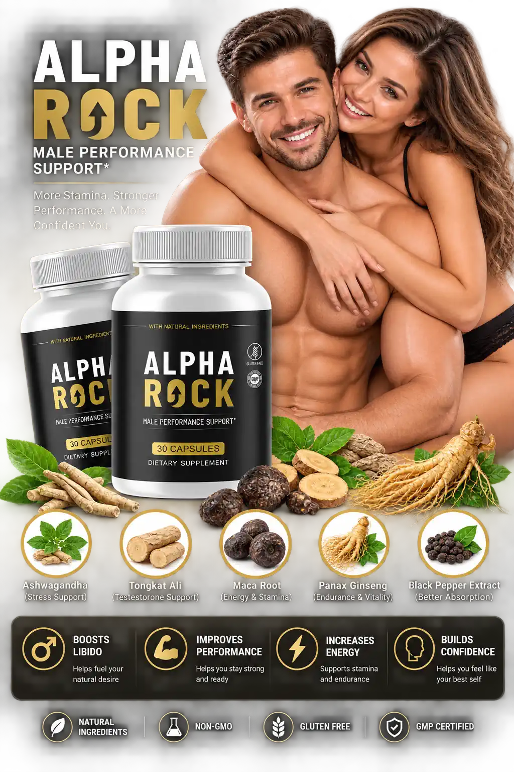 Alpha Rock male performance support capsules shown with an active adult man