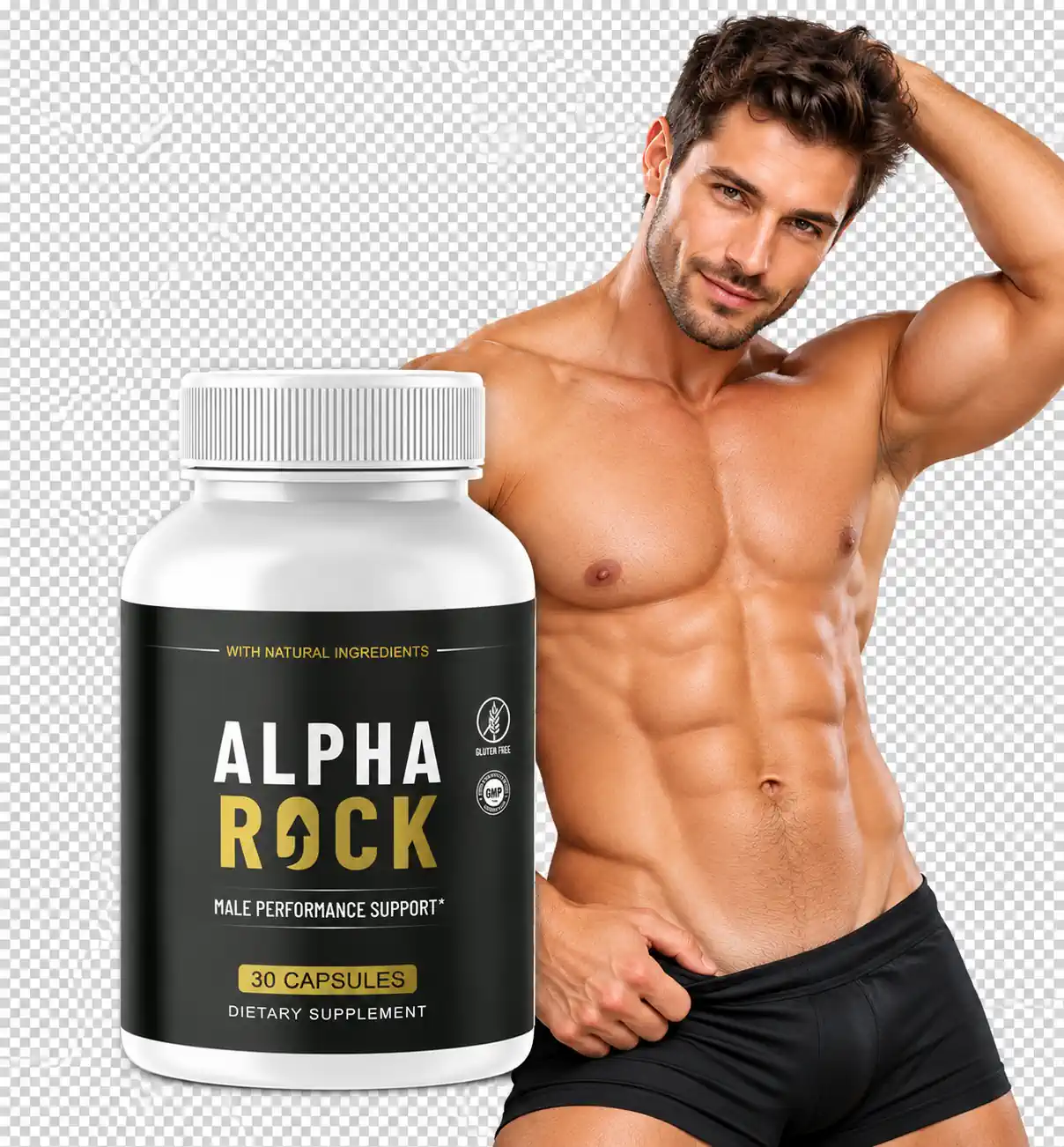 An active adult man alongside Alpha Rock male performance support capsules