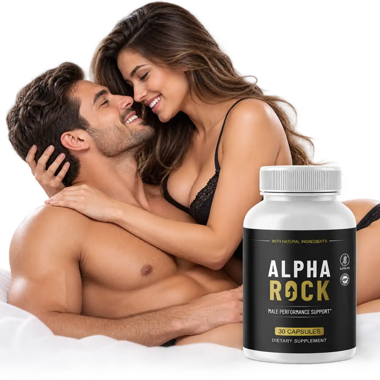 An adult couple relaxing together, with Alpha Rock male performance support capsules
